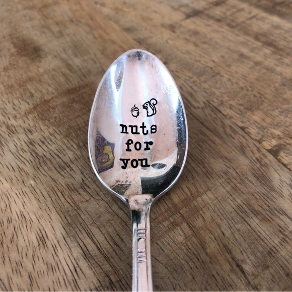 Hand-stamped silver plated vintage spoon saying “nuts for you” with 🐿️ & acorn - Picture 12 of 14